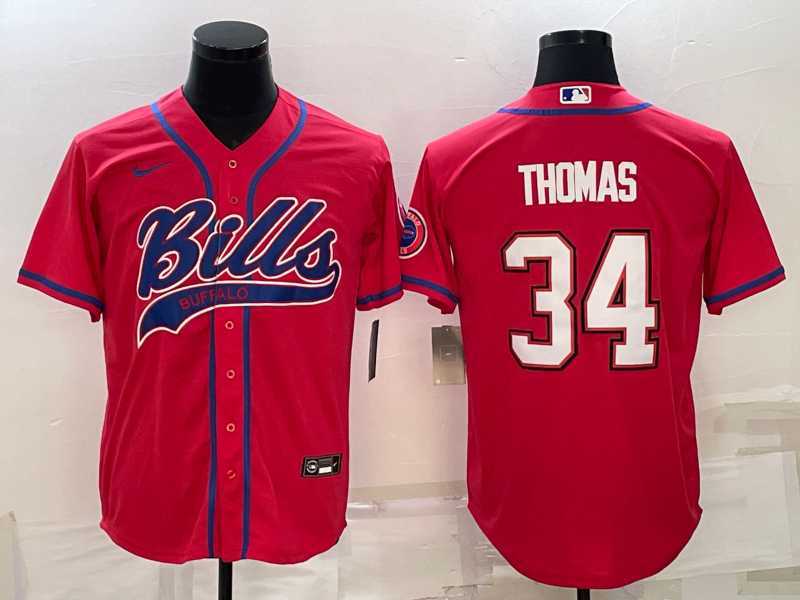 Men%27s Buffalo Bills #34 Thurman Thomas Red With Patch Cool Base Stitched Baseball Jersey